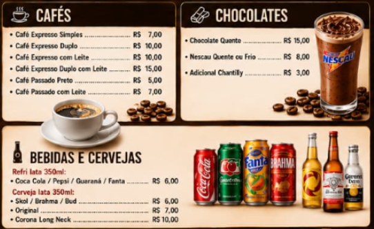 BEBIDAS e CAFÉS (PREÇOS SUJEITO A ALTERAÇÃO) 